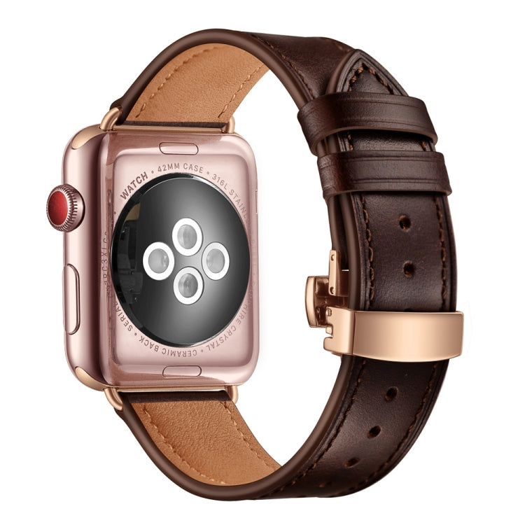 Genuine Leather + Butterfly Rose Gold Buckle Replacement Watchbands For Apple Watch Series 6 & SE & 5 & 4 44mm / 3 & 2 & 1 42mm