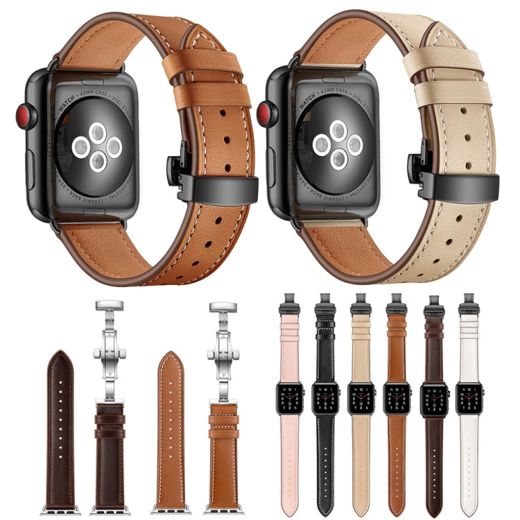 Genuine Leather + Butterfly Rose Gold Buckle Replacement Watchbands For Apple Watch Series 6 & SE & 5 & 4 44mm / 3 & 2 & 1 42mm