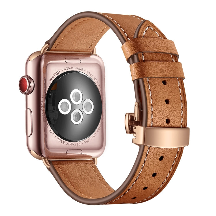 Genuine Leather + Butterfly Rose Gold Buckle Replacement Watchbands For Apple Watch Series 6 & SE & 5 & 4 40mm / 3 & 2 & 1 38mm