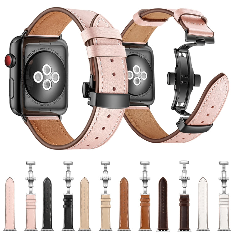 Genuine Leather + Butterfly Rose Gold Buckle Replacement Watchbands For Apple Watch Series 6 & SE & 5 & 4 40mm / 3 & 2 & 1 38mm