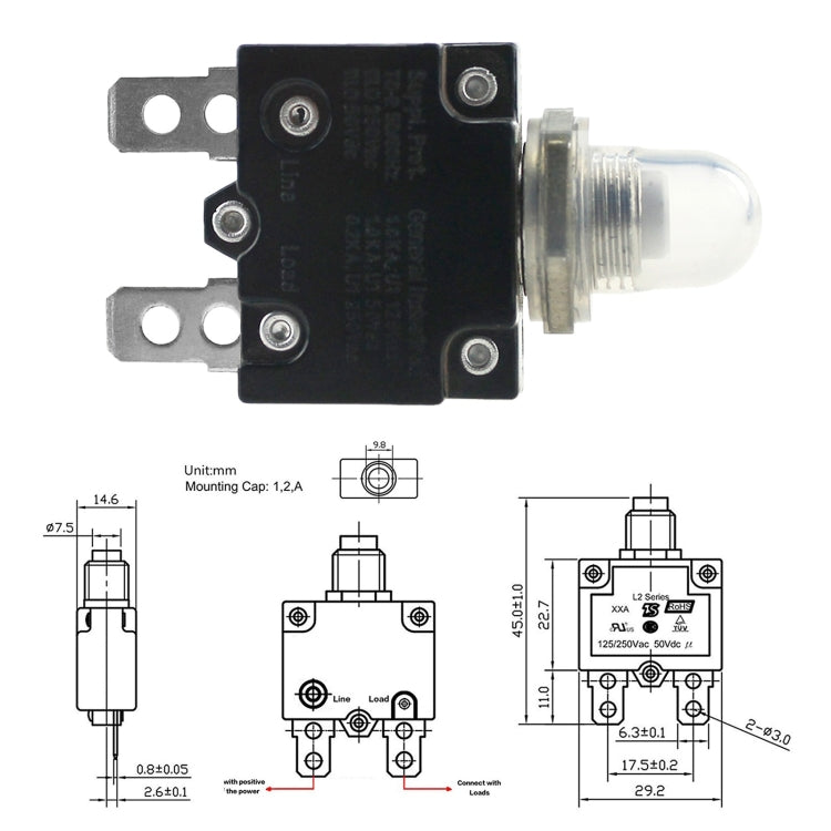 L2 Series 50V Car Overload Protector Manual Reset DC Circuit Breaker with Waterproof Cover