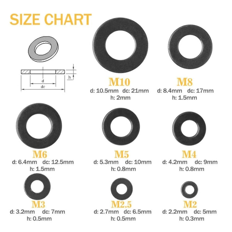 A5713 240 PCS 9 Sizes Black Carbon Steel Flat Washers Set