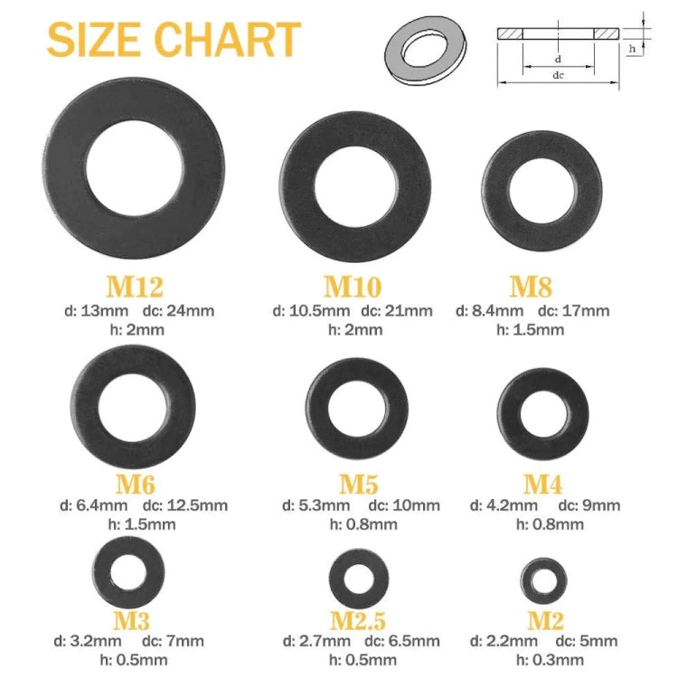 A5714 340 PCS 9 Sizes Black Carbon Steel Flat Washers Set