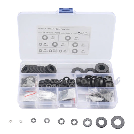 A5716 550 PCS 9 Sizes Black Carbon Steel Flat Washers Set