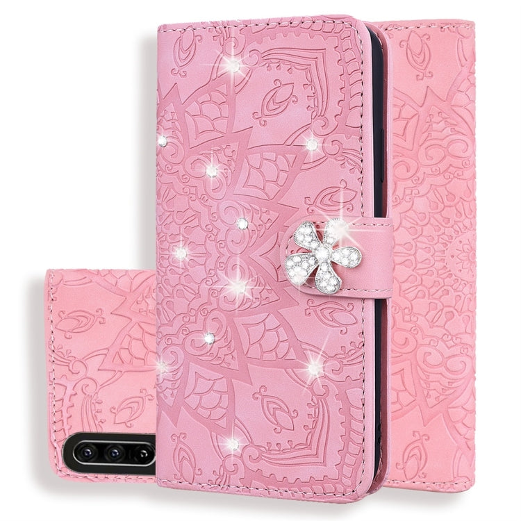 Calf Pattern Diamond Mandala Double Folding Design Embossed Leather Case with Wallet & Holder & Card Slots