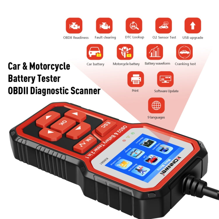 KONNWEI KW681 Car 2.4 inch TFT Screen OBD Fault Diagnosis + 6V-12V Battery Tester Support 9 Languages