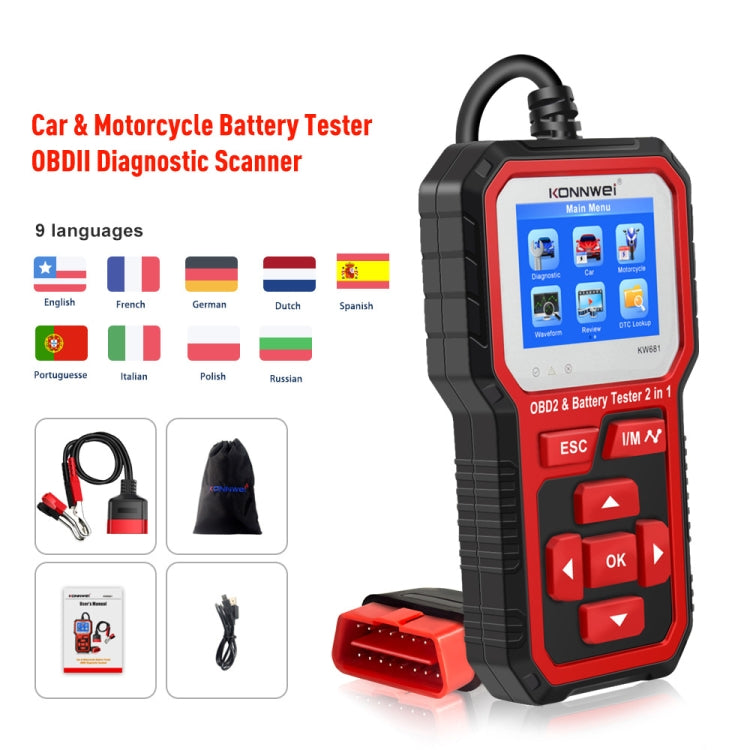 KONNWEI KW681 Car 2.4 inch TFT Screen OBD Fault Diagnosis + 6V-12V Battery Tester Support 9 Languages ÎҵÄÉ̵ê