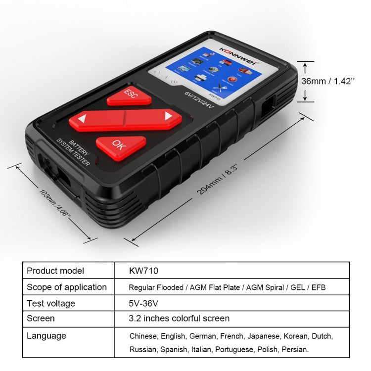 KONNWEI KW710 Car 3.2 inch 6V-24V Lead-acid Battery Tester Support 13 Languages