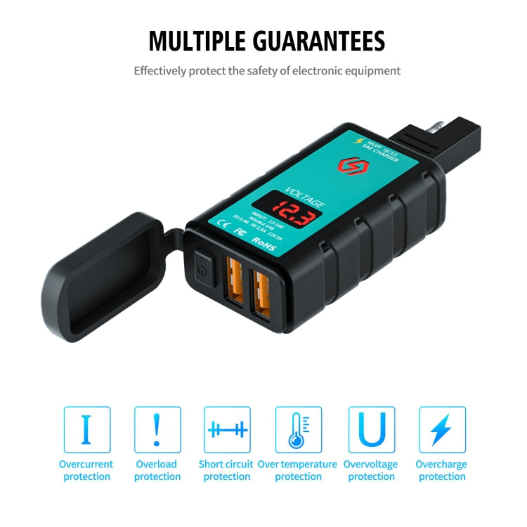 WUPP ZH-1422A1 DC12-24V Motorcycle Square Dual USB Fast Charging Charger with Switch + Voltmeter + Integrated SAE Socket