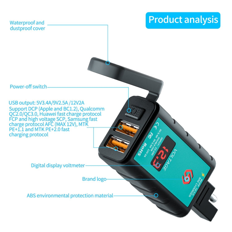 WUPP ZH-1422A1 DC12-24V Motorcycle Square Dual USB Fast Charging Charger with Switch + Voltmeter + Integrated SAE Socket