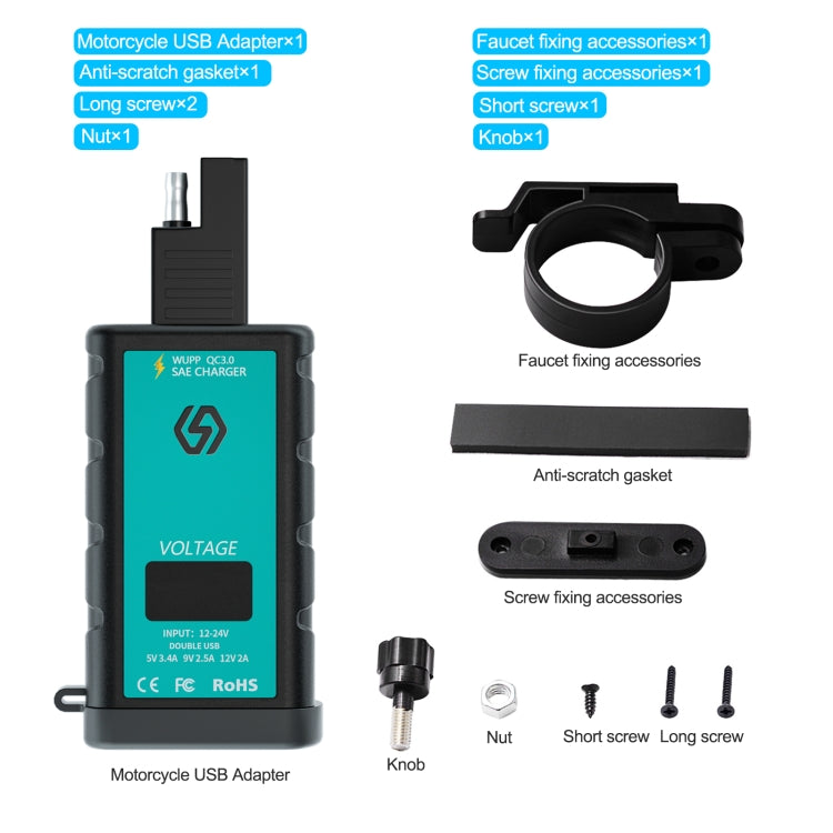 WUPP ZH-1422B1 DC12-24V Motorcycle Square Single USB + PD Fast Charging Charger with Switch + Voltmeter + Integrated SAE Socket