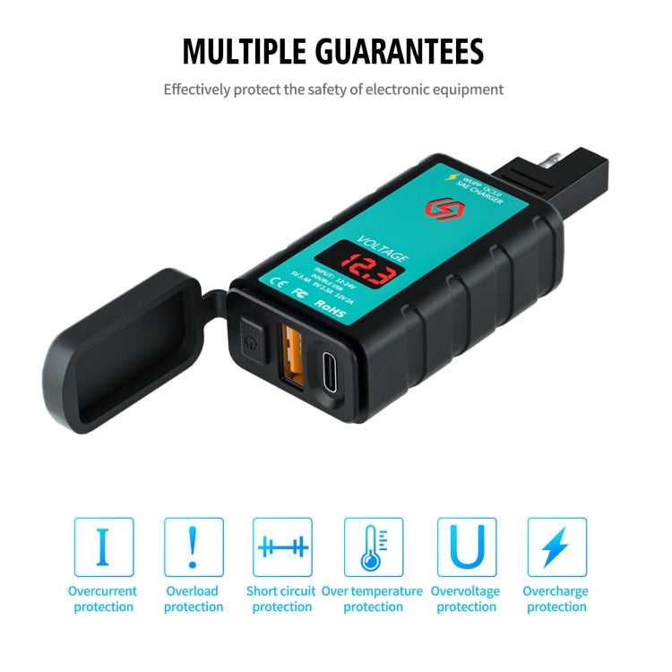 WUPP ZH-1422B1 DC12-24V Motorcycle Square Single USB + PD Fast Charging Charger with Switch + Voltmeter + Integrated SAE Socket