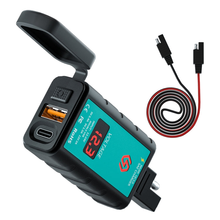 WUPP ZH-1422B2 DC12-24V Motorcycle Square Single USB + PD Fast Charging Charger with Switch + Voltmeter + Integrated SAE Socket + 1m SAE Socket Cable