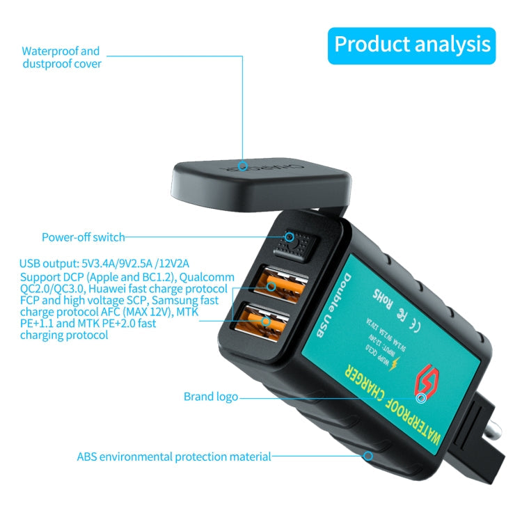 WUPP ZH-1422C2 Motorcycle Square Dual USB Fast Charging Charger with Switch + Integrated SAE Socket + 1m SAE Socket Cable ÎҵÄÉ̵ê