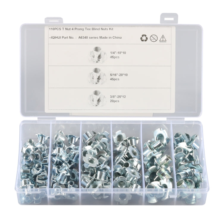 A6348 110 PCS T-Nut 4 Pronged Tee Blind Nuts Assortment Kit