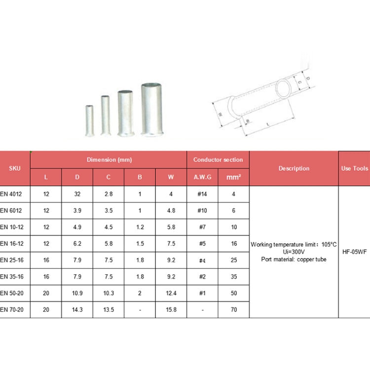 240 PCS Tube-shaped Bare End EN Series Tinned Copper Crimp Connector