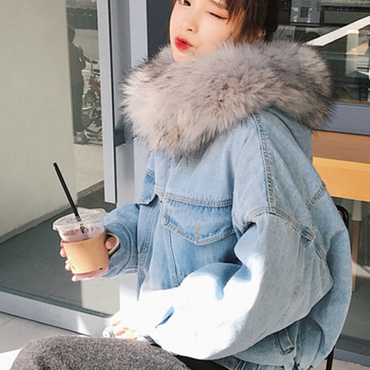 Velvet Thick Denim Jacket Female Winter Big Fur Collar Locomotive Lamb Coat Female Student Short Coat, Size: My Store