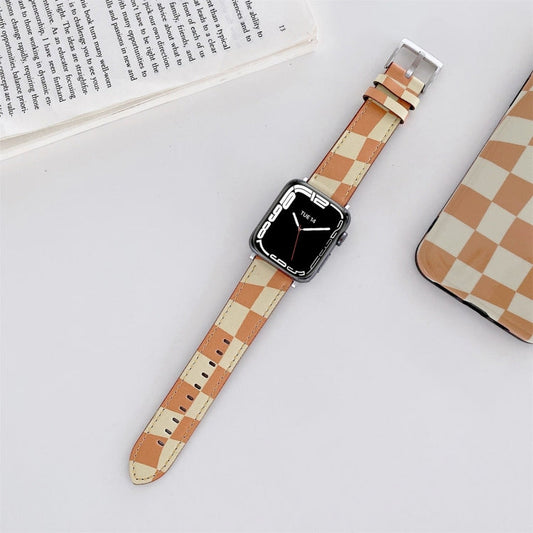 Checkerboard Leather Replacement Strap Watchband For Apple Watch