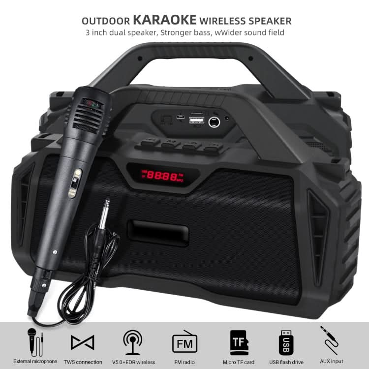 New Rixing NR-6011M Bluetooth 5.0 Portable Outdoor Karaoke Wireless Bluetooth Speaker with Microphone & Shoulder Strap