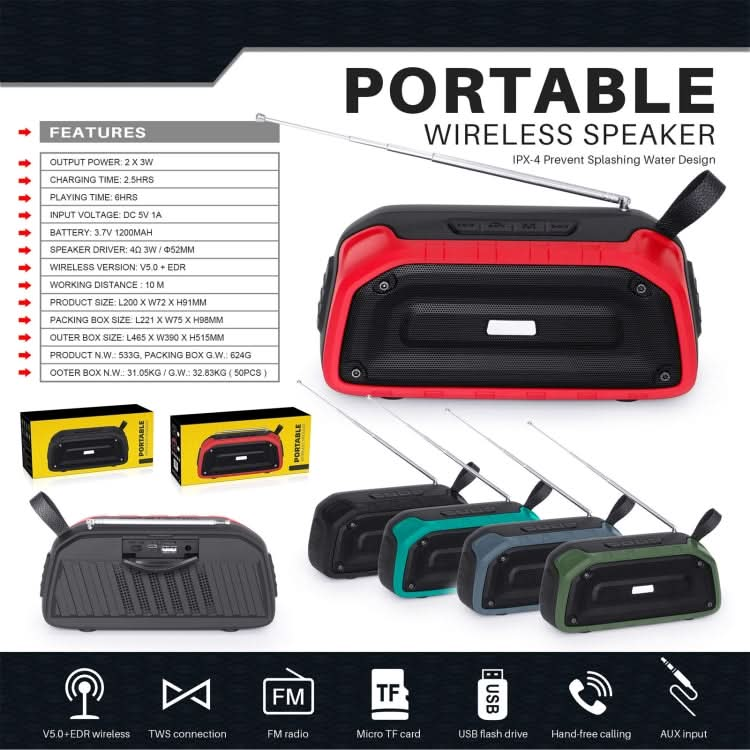 New Rixing NR-906FM TWS Waterproof Bluetooth Speaker Support Hands-free Call / FM with Handle & Antenna