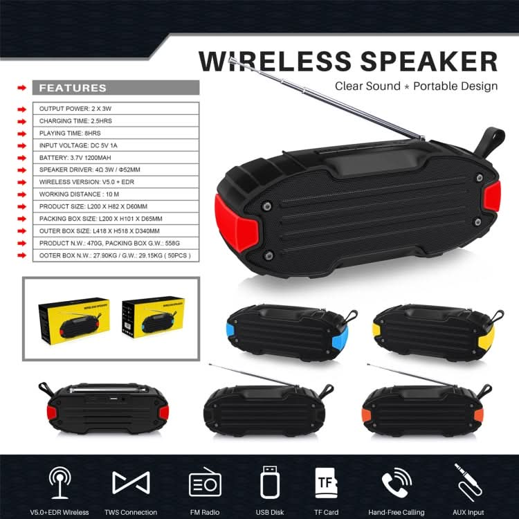 New Rixing NR-907FM TWS Outdoor Bluetooth Speaker Support Hands-free Call / FM with Handle & Antenna