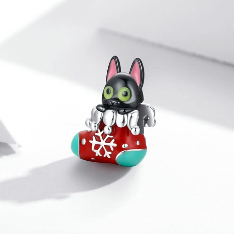 S925 Sterling Silver Christmas Sock Little black Cat Beads DIY Bracelet Necklace Accessories