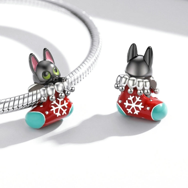 S925 Sterling Silver Christmas Sock Little black Cat Beads DIY Bracelet Necklace Accessories