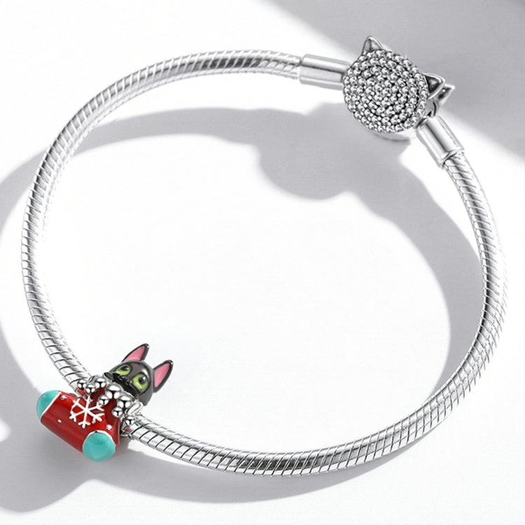 S925 Sterling Silver Christmas Sock Little black Cat Beads DIY Bracelet Necklace Accessories