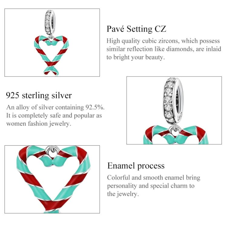 S925 Sterling Silver Heart Candy Cane Pendant DIY Bracelet Necklace Accessories