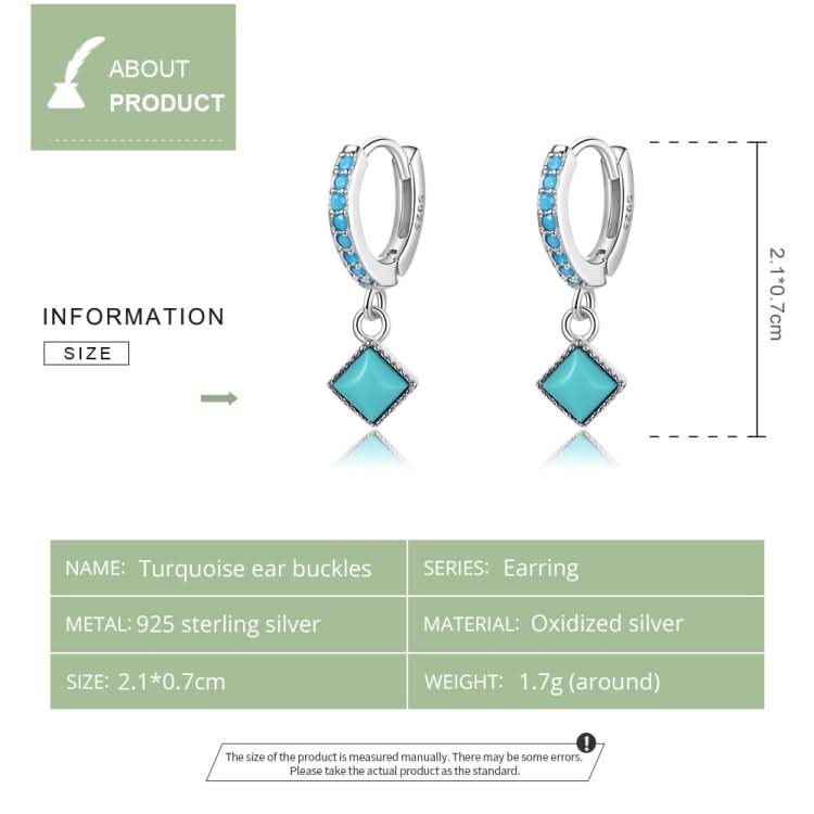 S925 Sterling Silver Rhombus Turquoise Women Earrings Reluova