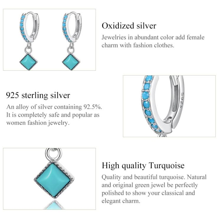 S925 Sterling Silver Rhombus Turquoise Women Earrings Reluova