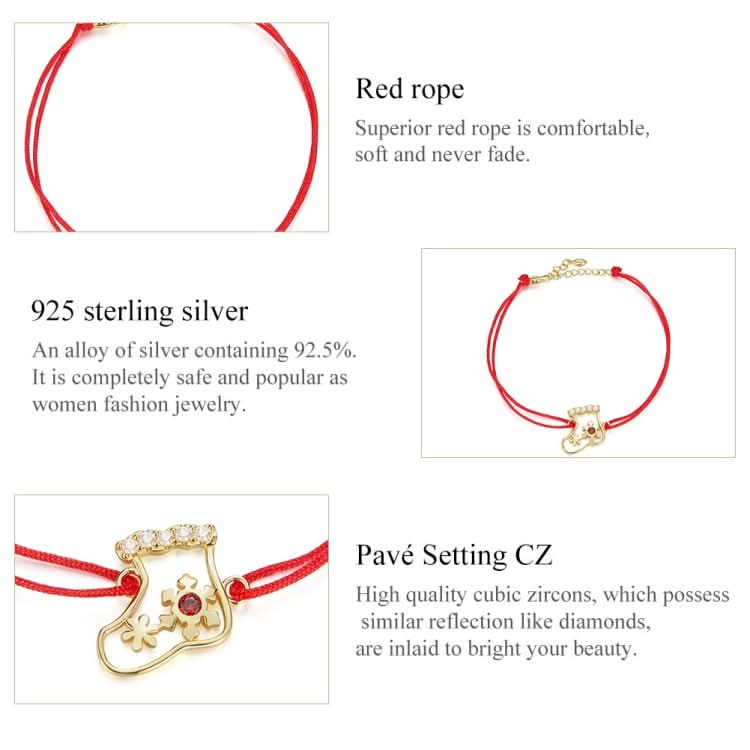 S925 Sterling Silver Christmas Socks Red Rope Bracelet Women Jewelry Reluova