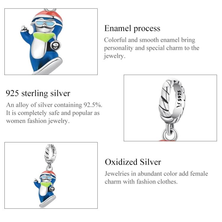 S925 Sterling Silver Ski Penguin Pendant DIY Bracelet Necklace Accessories Reluova