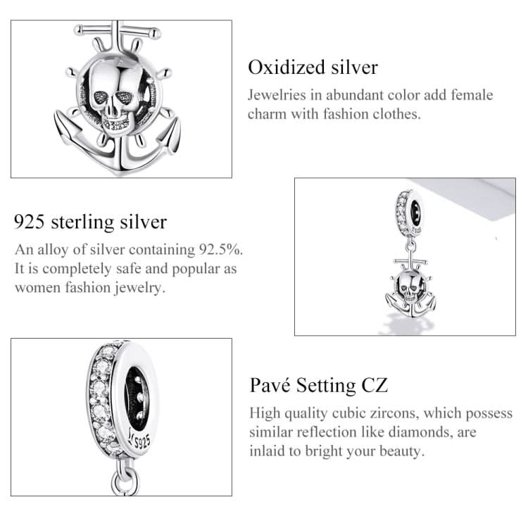 S925 Sterling Silver Pirate Skull Ship Pendant DIY Bracelet Necklace Accessories