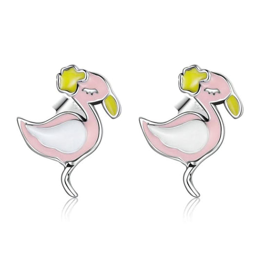 S925 Sterling Silver Fashion Pink Flamingo Ear Studs Women Earrings Reluova