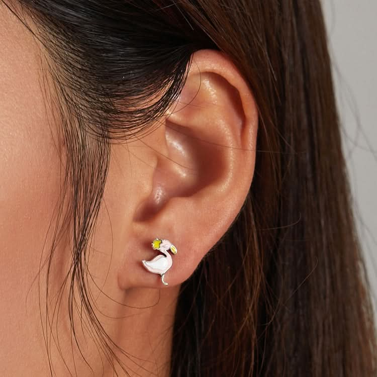 S925 Sterling Silver Fashion Pink Flamingo Ear Studs Women Earrings Reluova