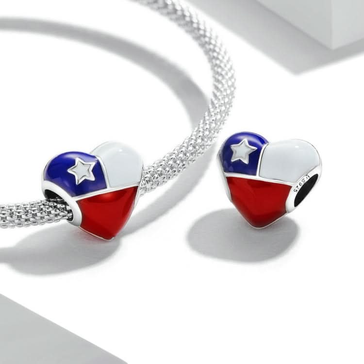 S925 Sterling Silver Heart Chilean Flag Beads DIY Bracelet Necklace Accessories