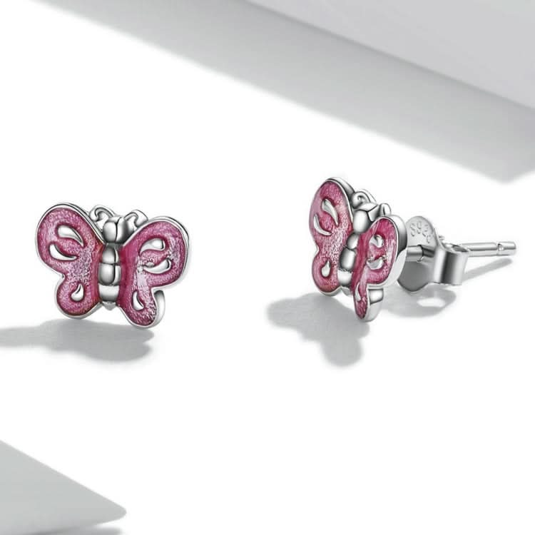 S925 Sterling Silver Pink Butterfly Ear Studs Women Earrings Reluova