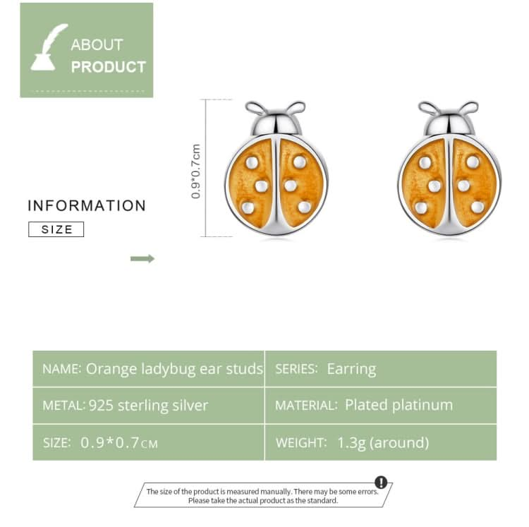 S925 Sterling Silver Orange Ladybug Ear Studs Women Earrings Reluova