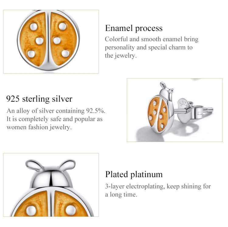 S925 Sterling Silver Orange Ladybug Ear Studs Women Earrings Reluova