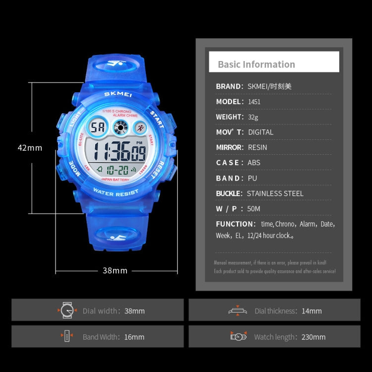 SKMEI 1451 LED Digital Stopwatch Chronograph Luminous Children Sports Electronic Watch