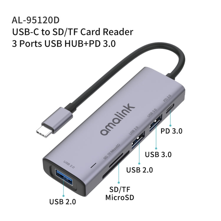 amalink 95120D Type-C / USB-C to SD/TF + 3 Ports USB + PD 3.0 Multi-function HUB Docking Station