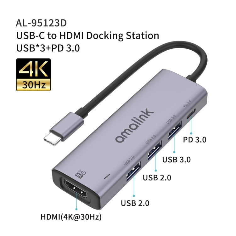 amalink 95123D Type-C / USB-C to HDMI + 3 Ports USB + PD 3.0 Multi-function HUB