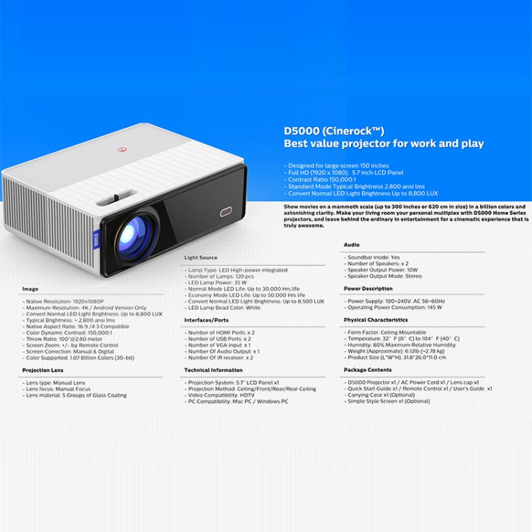 D5000 1920x1080P 420ANSI 6000Lumens LCD + LED HD Digital Projector,