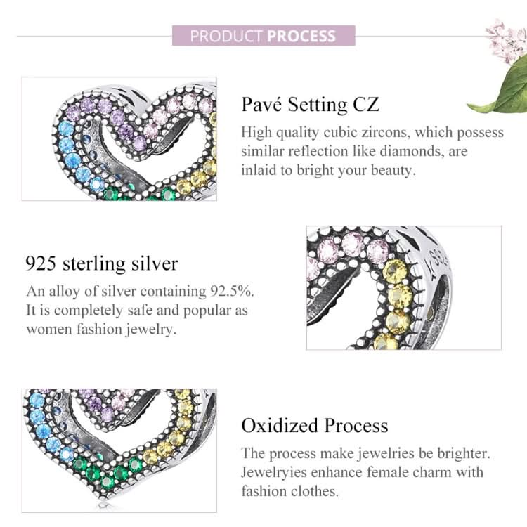 S925 Sterling Silver Rainbow Heart Beads DIY Bracelet Necklace Accessories