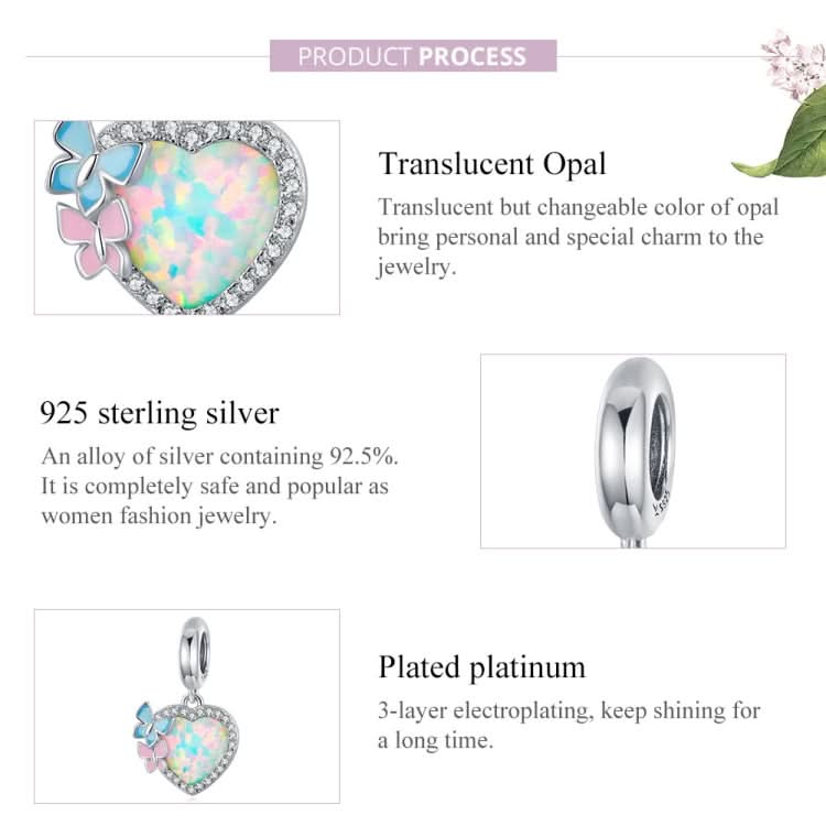 S925 Sterling Silver Butterfly Heart Colorful Opal Pendant DIY Bracelet Necklace Accessories