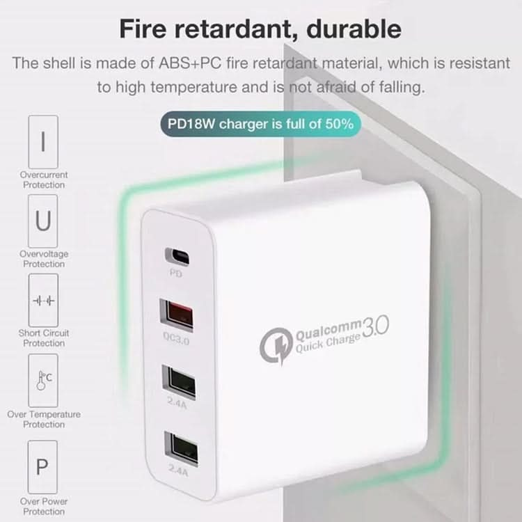 A3 PD 18W USB-C / Type-C + QC3.0 USB + Dual USB Interface Travel Charger