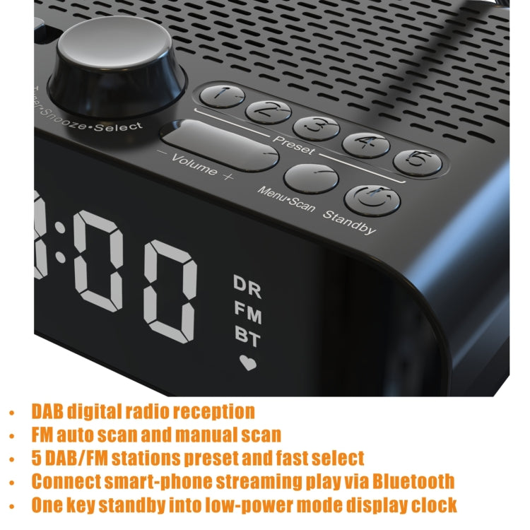 DAB-A5 LED Display Bedside DAB/FM Clock Radio with Bluetooth Speaker,