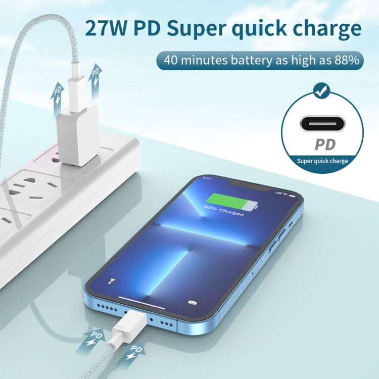 27W PD USB-C / Type-C to 8 Pin Fast Charging Braided Data Cable, Cable Length: 1m