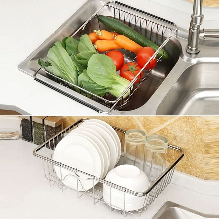 Kitchen Dish Drainer Sink Drain Basket Washing Vegetable Fruit Drying Holder Stainless Steel Adjustable Rack